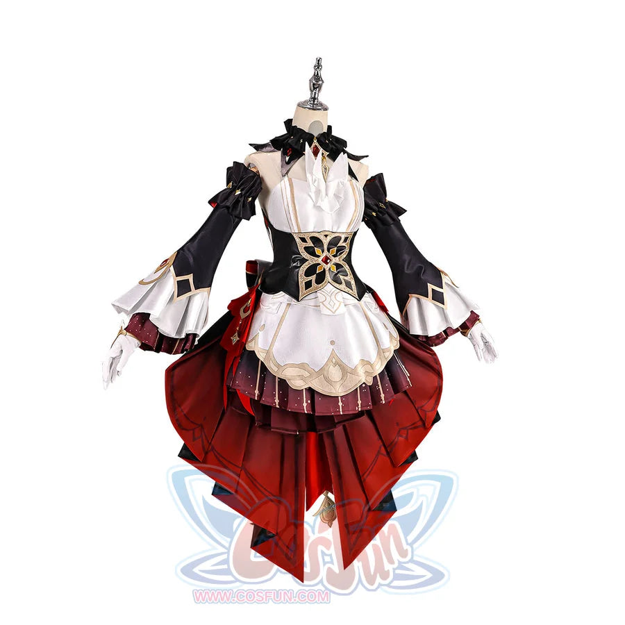 Genshin Impact Marionette Sandrone old design cosplay costume frames dark sleeves and a layered red ruffled skirt.