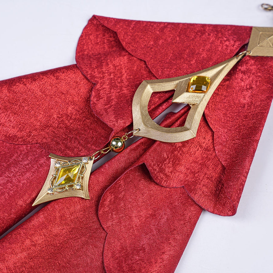 Genshin Impact Marionette Sandrone old design cosplay costume vision ornament attaches to the layered red fabric drape.