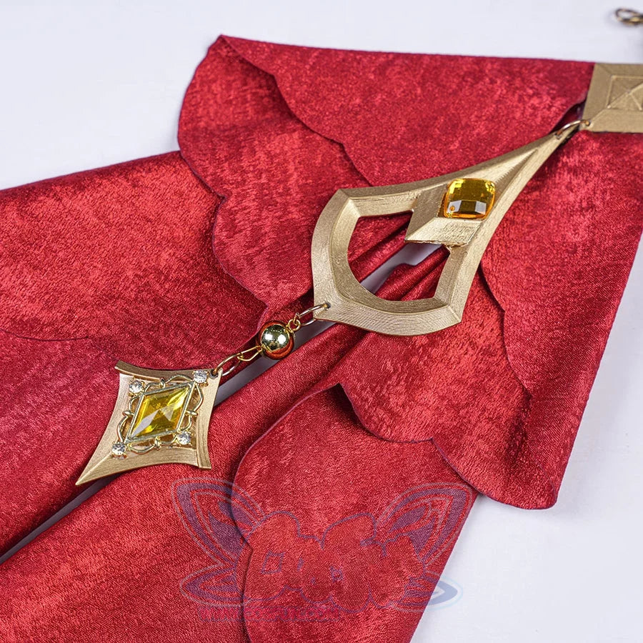 Genshin Impact Marionette Sandrone old design cosplay costume vision ornament attaches to the layered red fabric drape.