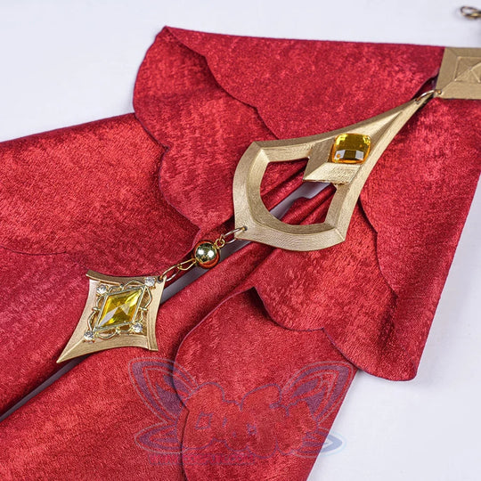 Genshin Impact Marionette Sandrone old design cosplay costume vision ornament attaches to the layered red fabric drape.