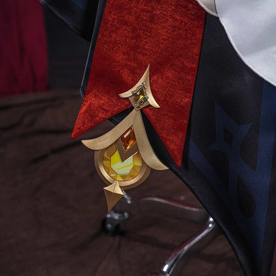 Genshin Impact Marionette Sandrone old design cosplay costume captures the gold-tone vision ornament atop a red fabric drape.