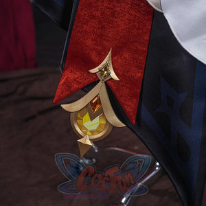 Genshin Impact Marionette Sandrone old design cosplay costume captures the gold-tone vision ornament atop a red fabric drape.