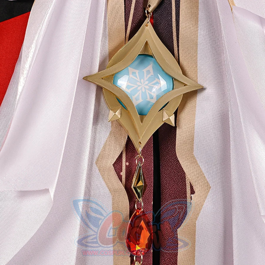 Genshin Impact Marionette Sandrone old design cosplay costume captures the gold-tone Vision ornament and red pendant.