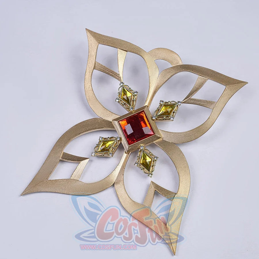 Genshin Impact Marionette Sandrone old design cosplay costume vision centers a red gem-like detail among yellow accents.