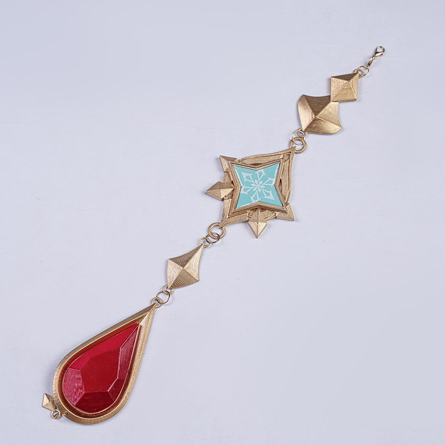 Genshin Impact Marionette Sandrone old design cosplay costume vision ornament centers a star piece above a red teardrop.