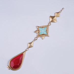Genshin Impact Marionette Sandrone old design cosplay costume vision ornament centers a star piece above a red teardrop.
