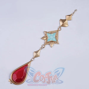 Genshin Impact Marionette Sandrone old design cosplay costume vision ornament centers a star piece above a red teardrop.