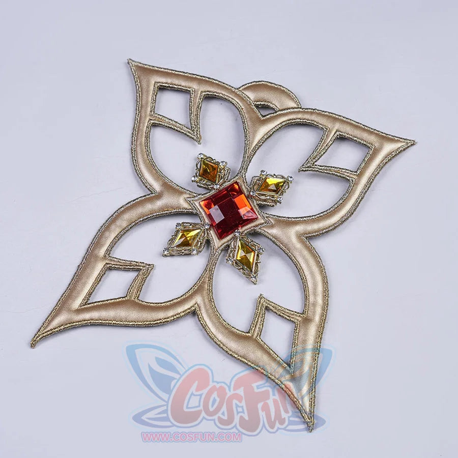 Genshin Impact Marionette Sandrone old design cosplay costume vision centers a red gem-like accent in gold-tone embroidery.