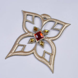 Genshin Impact Marionette Sandrone old design cosplay costume vision centers a red gem-like accent in gold-tone embroidery.