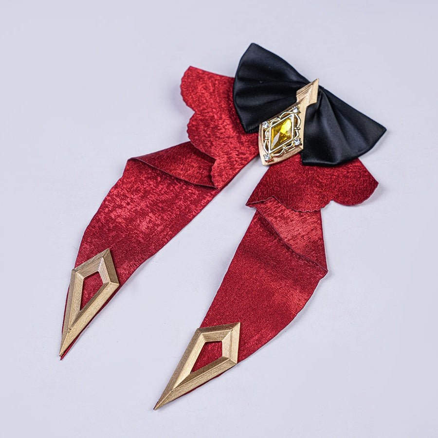 Genshin Impact Marionette Sandrone old design cosplay costume waist bow gathers crimson fabric and gold-tone accents.