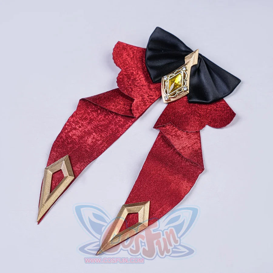 Genshin Impact Marionette Sandrone old design cosplay costume waist bow gathers crimson fabric and gold-tone accents.