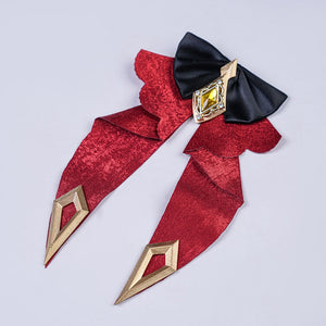 Genshin Impact Marionette Sandrone old design cosplay costume waist bow gathers crimson fabric and gold-tone accents.