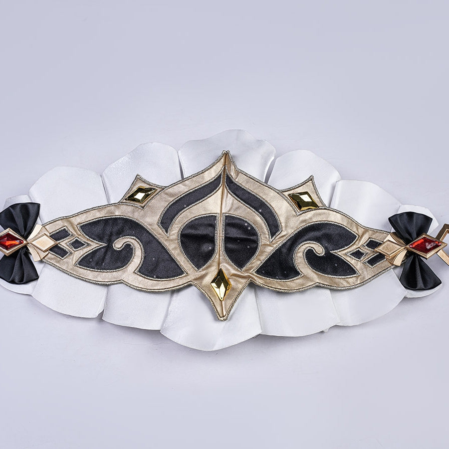 Genshin Impact Marionette Sandrone old design cosplay costume waist cincher centers ornate embroidery and red gem-like bows.