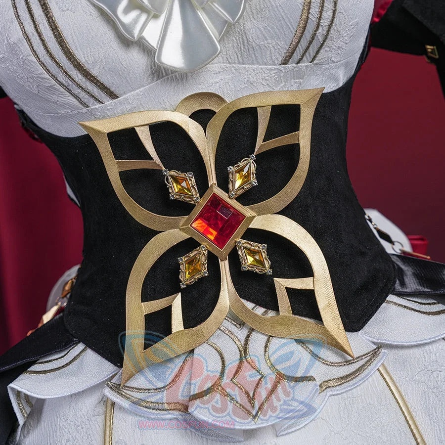 Genshin Impact Marionette Sandrone old design cosplay costume sets a glossy waist bow ornament beside red gem-like accents.