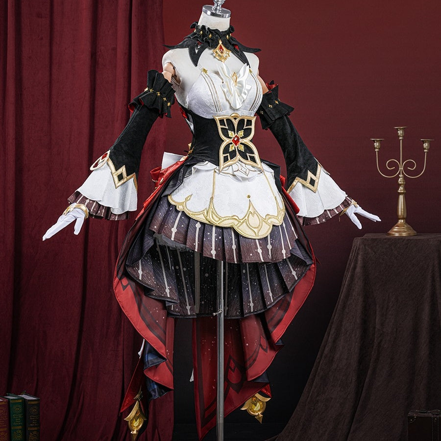 Genshin Impact Marionette Sandrone old design cosplay costume captures the detailed waist corset and ruffled skirt layers.