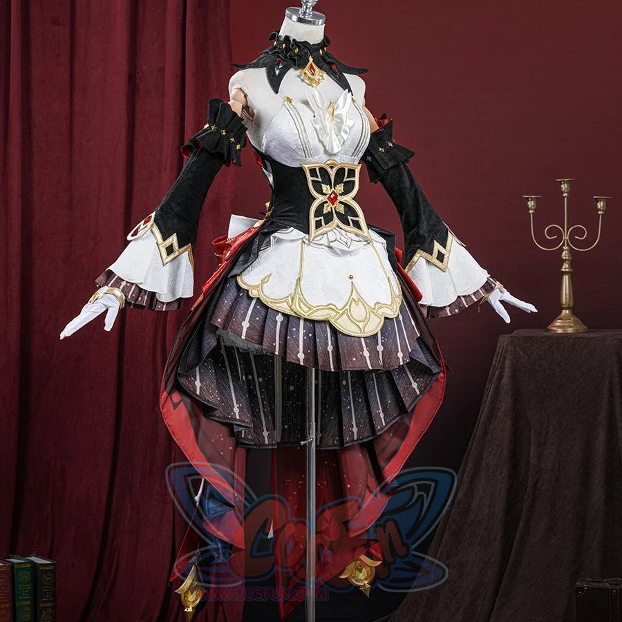 Genshin Impact Marionette Sandrone old design cosplay costume captures the detailed waist corset and ruffled skirt layers.