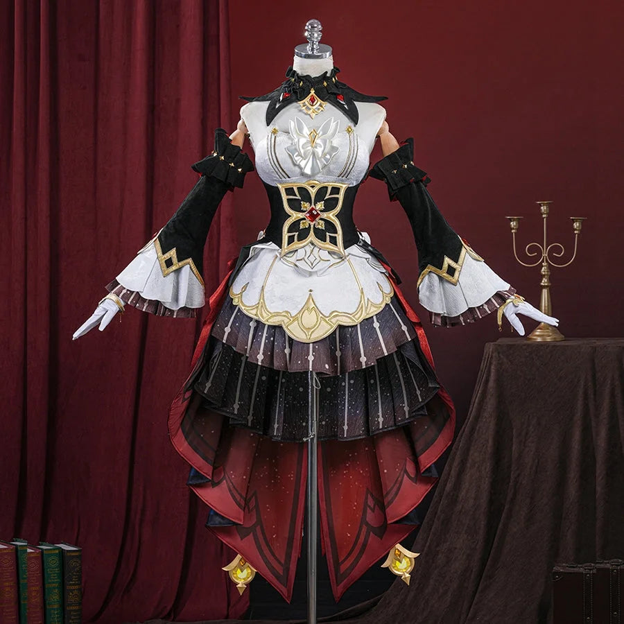 COSFUN Genshin Impact Marionette Sandrone old design cosplay costume gathers ornate skirts and gold-tone floral waist detail.