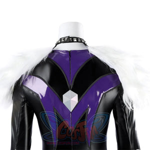 Marvel Rivals Black Cat Felicia Hardy cosplay back collar detail frames purple panels and white faux fur.