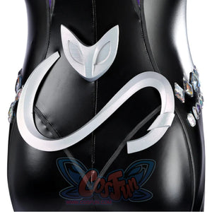 Marvel Rivals Black Cat Felicia Hardy cosplay back waist accessory curls silver-tone pieces over black gloss.
