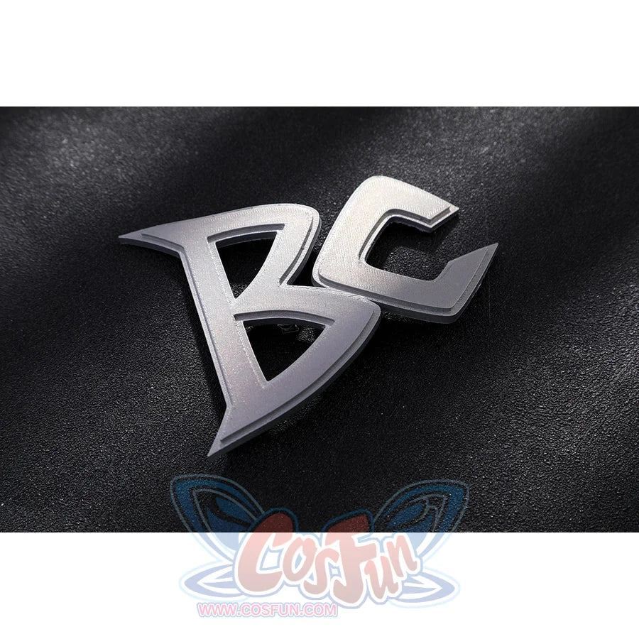 Marvel Rivals Black Cat Felicia Hardy cosplay BC logo detail rests in silver-tone metal on black fabric.