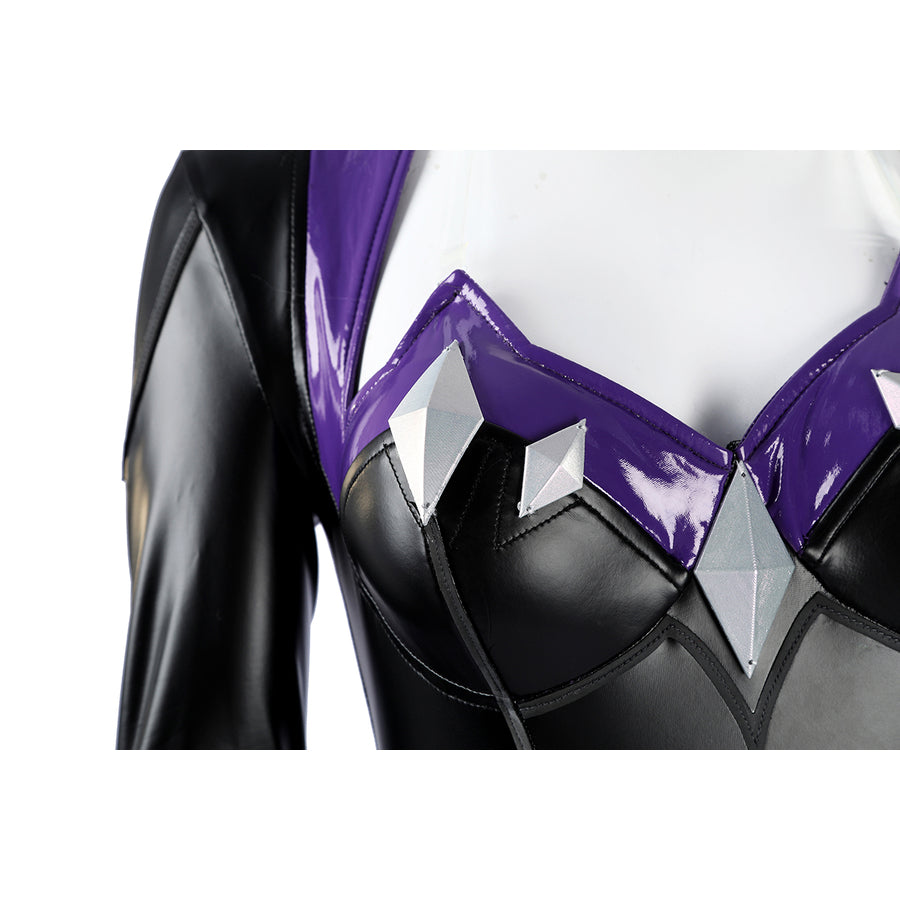 Marvel Rivals Black Cat Felicia Hardy cosplay bodice detail layers purple edging over glossy black cups.