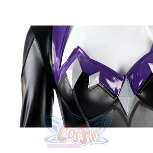 Marvel Rivals Black Cat Felicia Hardy cosplay bodice detail layers purple edging over glossy black cups.