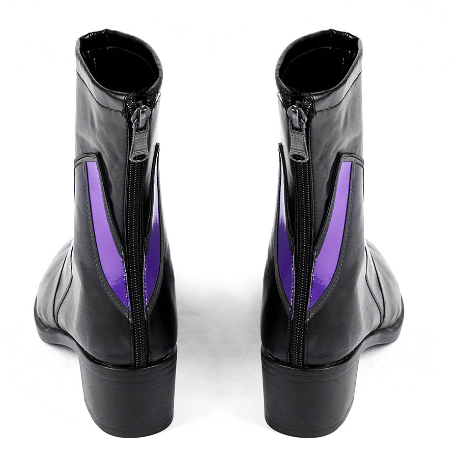 Marvel Rivals Black Cat Felicia Hardy cosplay boots back view frames purple panels above sturdy black heels.