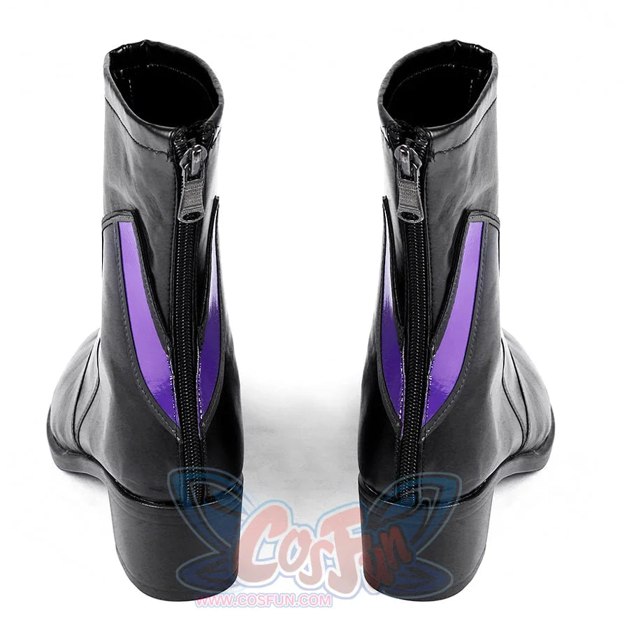 Marvel Rivals Black Cat Felicia Hardy cosplay boots back view frames purple panels above sturdy black heels.
