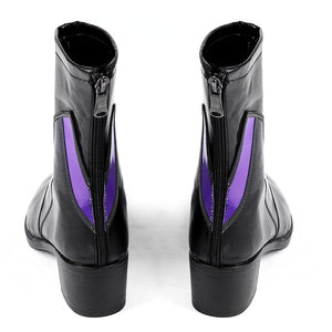 Marvel Rivals Black Cat Felicia Hardy cosplay boots back view frames purple panels above sturdy black heels.