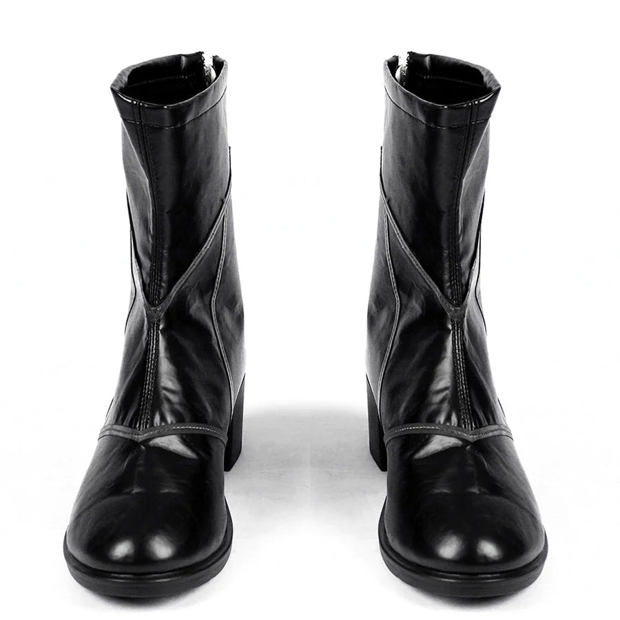 COSFUN Marvel Rivals Black Cat Felicia Hardy cosplay boots front view presents black PU uppers and rounded toes.
