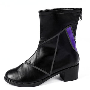 Marvel Rivals Black Cat Felicia Hardy cosplay boots side profile sets a purple inset against black PU leather.