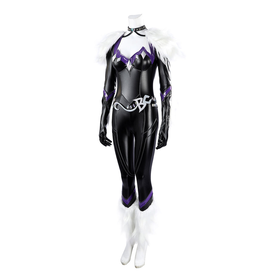 Marvel Rivals Black Cat Felicia Hardy cosplay costume angled front view balances black gloss and purple trim.