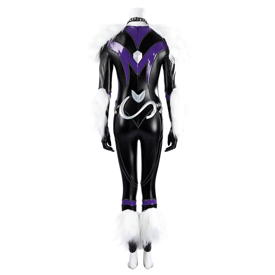 Marvel Rivals Black Cat Felicia Hardy cosplay costume back view anchors white fur cuffs below purple trim.