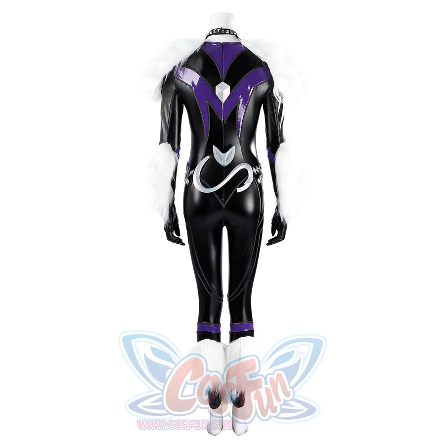 Marvel Rivals Black Cat Felicia Hardy cosplay costume back view anchors white fur cuffs below purple trim.