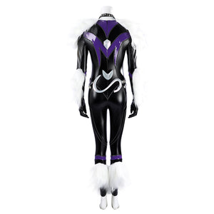 Marvel Rivals Black Cat Felicia Hardy cosplay costume back view anchors white fur cuffs below purple trim.