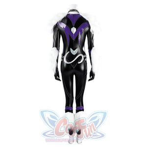 Marvel Rivals Black Cat Felicia Hardy cosplay costume back view anchors white fur cuffs below purple trim.