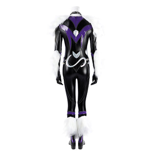 Marvel Rivals Black Cat Felicia Hardy cosplay costume back view frames purple panels and white faux fur.