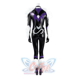 Marvel Rivals Black Cat Felicia Hardy cosplay costume back view frames purple panels and white faux fur.