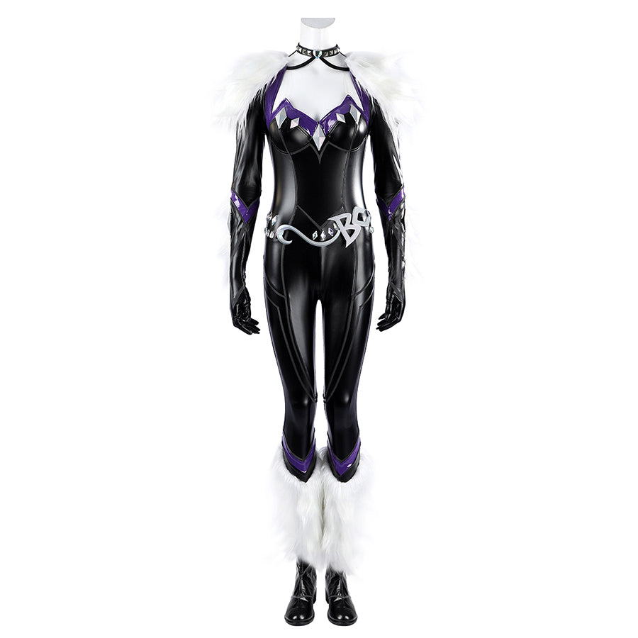 COSFUN Marvel Rivals Black Cat Felicia Hardy cosplay costume layers a glossy bodysuit under white faux fur.