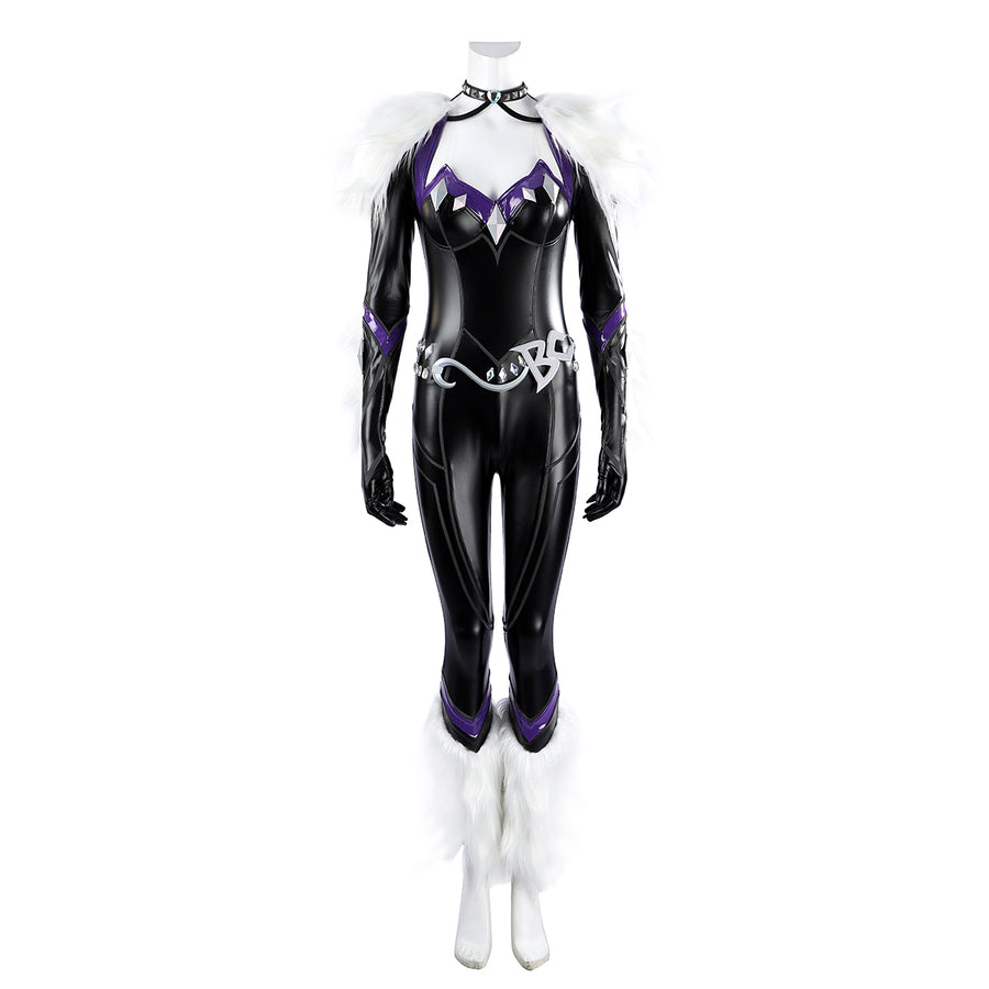 Marvel Rivals Black Cat Felicia Hardy cosplay costume front view sets the black suit above white leg covers.