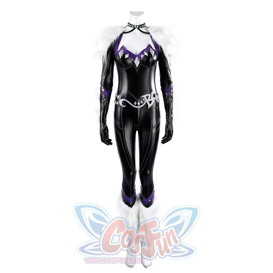 Marvel Rivals Black Cat Felicia Hardy cosplay costume front view sets the black suit above white leg covers.