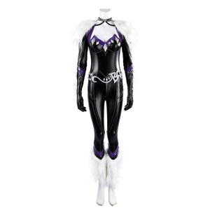 Marvel Rivals Black Cat Felicia Hardy cosplay costume front view sets the black suit above white leg covers.