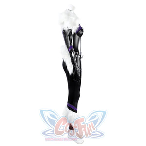 Marvel Rivals Black Cat Felicia Hardy cosplay costume side view lets white faux fur trail along the black suit.