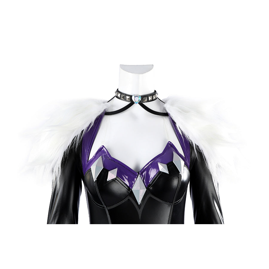 Marvel Rivals Black Cat Felicia Hardy cosplay costume upper bodice frames the collar, shawl, and purple cups.
