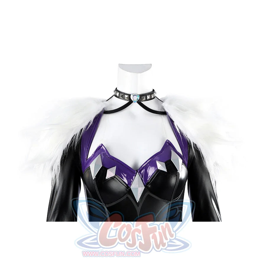 Marvel Rivals Black Cat Felicia Hardy cosplay costume upper bodice frames the collar, shawl, and purple cups.