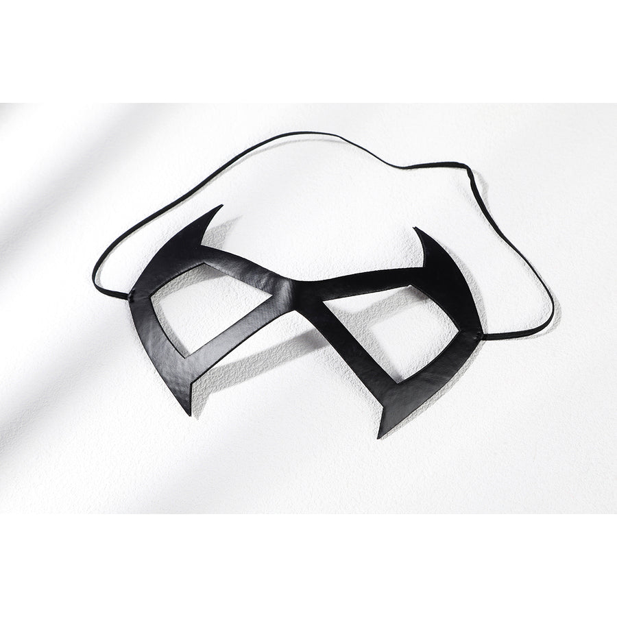Marvel Rivals Black Cat Felicia Hardy cosplay eye mask lies flat with sharp black rims and pale fur trim.
