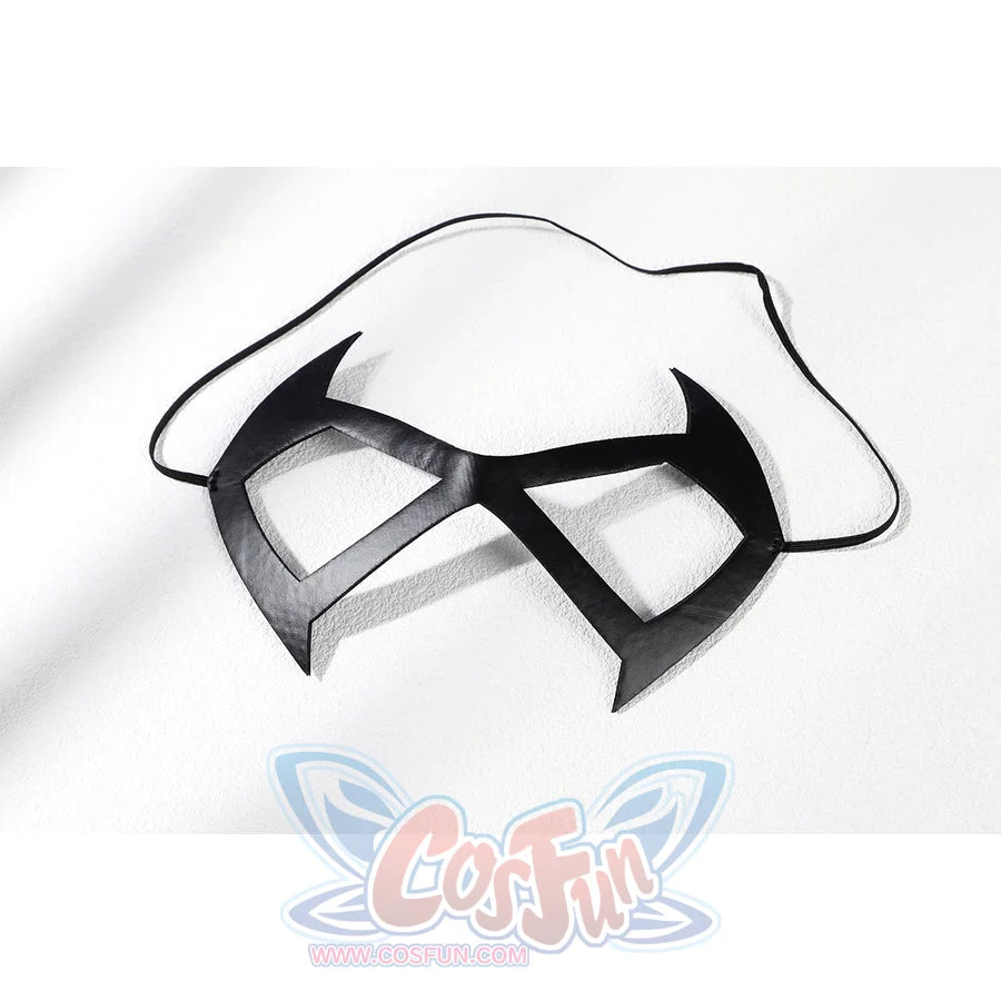 Marvel Rivals Black Cat Felicia Hardy cosplay eye mask lies flat with sharp black rims and pale fur trim.