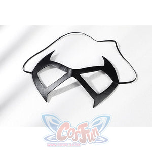 Marvel Rivals Black Cat Felicia Hardy cosplay eye mask lies flat with sharp black rims and pale fur trim.