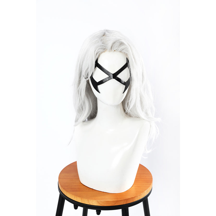 Marvel Rivals Black Cat Felicia Hardy cosplay eye mask crosses black straps over a white faux-fur edge.