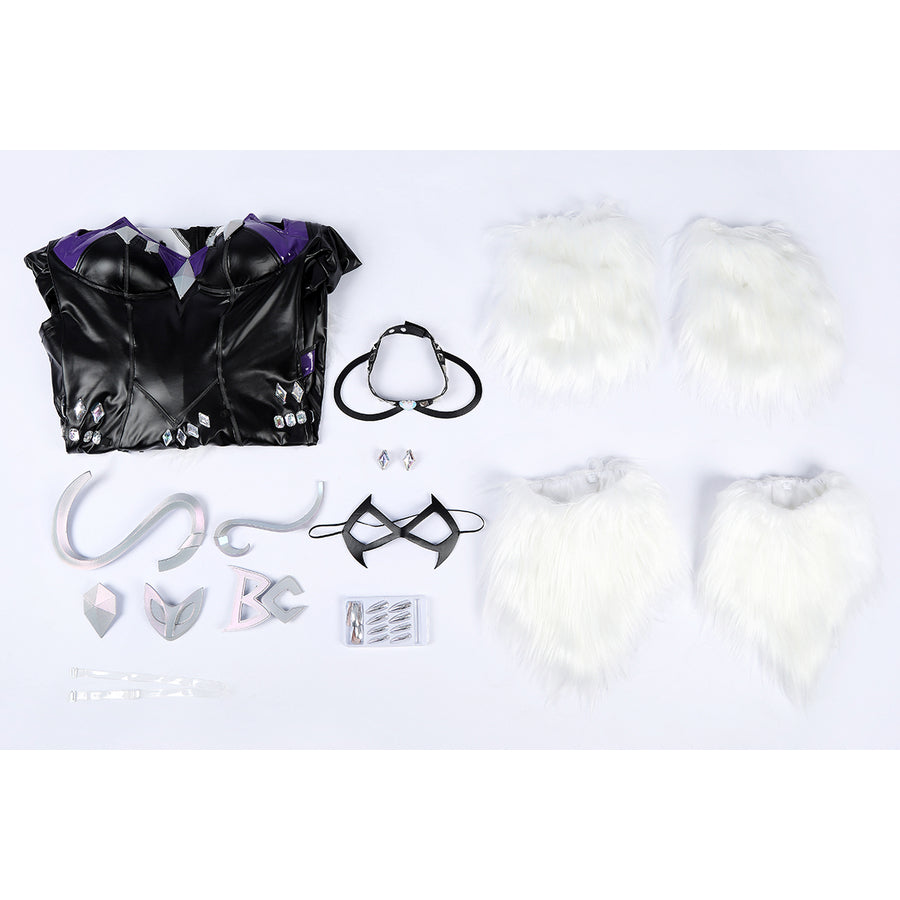Marvel Rivals Black Cat Felicia Hardy cosplay costume flat lay gathers the bodysuit around the mask and accessories.